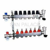 Коллектор из нержавеющей стали для теплых полов с расходомерами 1" - 3/4" Евроконус - 6 выхода (квадрат, полный комплект: краны, концевой элемент) TIM