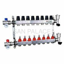 Коллектор из нержавеющей стали для теплых полов с расходомерами 1" - 3/4" Евроконус - 8 выхода (квадрат, полный комплект: краны, концевой элемент) TIM